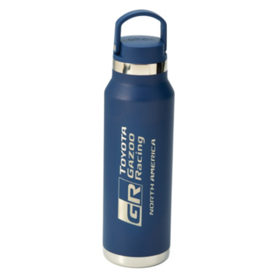 A blue stainless steel water bottle with a handle on the lid. The bottle has the text ""Toyota Gazoo Racing"" and ""GR"" in white, along with ""North America"" written vertically below it.