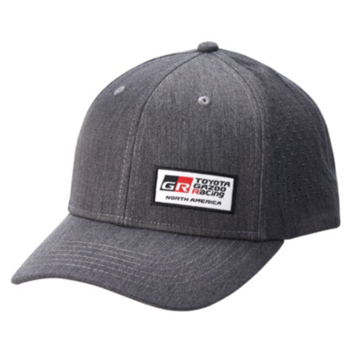 A gray baseball cap with a curved brim and six panels. The front of the cap features a rectangular patch with the text ""TOYOTA GAZOO RACING"" in black and red, followed by ""NORTH AMERICA""