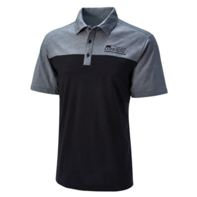 Text: A two-tone polo shirt with light gray upper and black lower parts, featuring an embroidered logo on the left chest of the GR logo in black