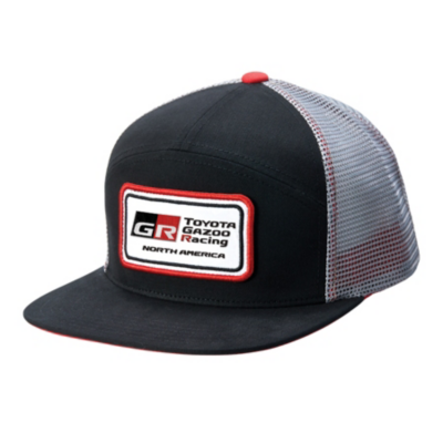 A black and gray mesh trucker hat with ""GR Toyota Gazoo Racing North America"" patch on the front.