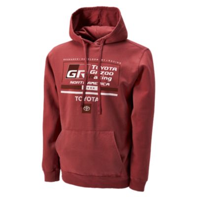 A maroon hooded sweatshirt with white printed text and graphics on the chest area, including ""Toyota Gazoo Racing"" and a small Toyota logo.