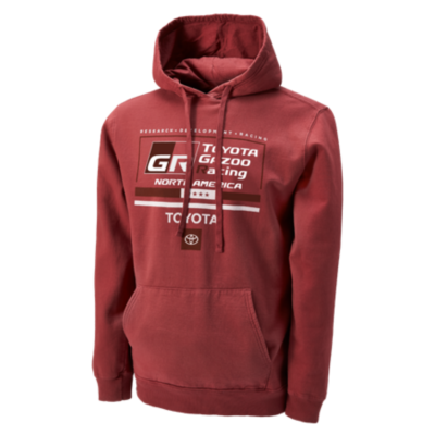 A maroon hooded sweatshirt with white printed text and graphics on the chest area, including ""Toyota Gazoo Racing"" and a small Toyota logo.