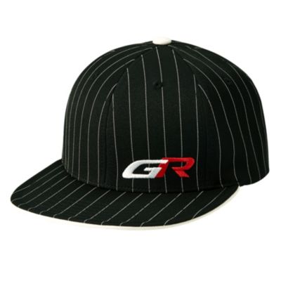 A black baseball cap with thin white vertical pinstripes. The front of the cap features an embroidered logo with the letters ""GR"" in white and red.