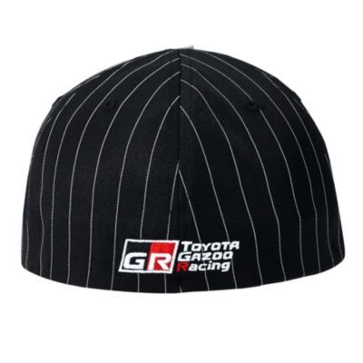 Back view of a black baseball cap with white pinstripes and a 'GR Toyota Gazoo Racing' logo embroidered at the bottom center.
