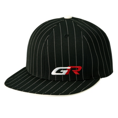 A black baseball cap with thin white vertical pinstripes. The front of the cap features an embroidered logo with the letters ""GR"" in white and red.