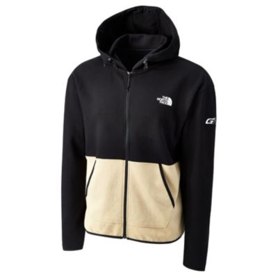 A black and beige zip-up hoodie with ""The North Face"" logo on the chest and ""GR"" logo embroidered on the sleeve.
