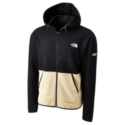 A black and beige zip-up hoodie with ""The North Face"" logo on the chest and ""GR"" logo embroidered on the sleeve.