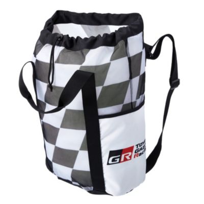 A white and black checkered drawstring bag with a black strap and a logo that reads ""GR Toyota Gazoo Racing"" in the bottom right corner.