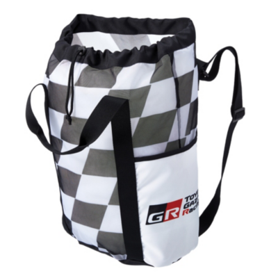 A white and black checkered drawstring bag with a black strap and a logo that reads ""GR Toyota Gazoo Racing"" in the bottom right corner.