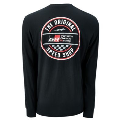Long Sleeve black tee with Toyota Gazoo Racing logo printed on front. Back has circle design printed with The Original Speed Shop Text and Gazoo Racing printed in the center of design.
