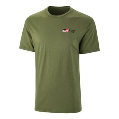 Olive green unisex tee with full Gazoo Racing logo printed on left chest in red and black. Large GR letters going down the back in red and black.