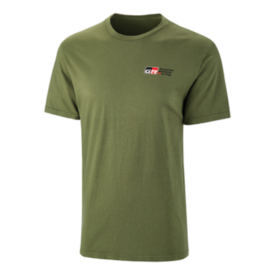 Olive green unisex tee with full Gazoo Racing logo printed on left chest in red and black. Large GR letters going down the back in red and black.