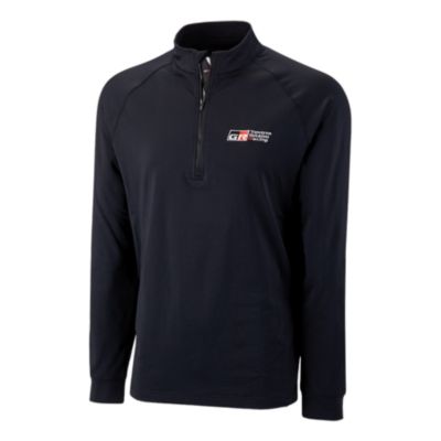 Black performance quarter zip wtih Toyota Gazoo Racing logo embroidered on left chest in red, black and white. GR letters printed on the placket.