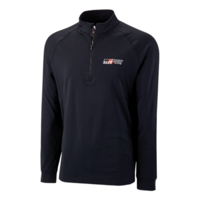 Black performance quarter zip wtih Toyota Gazoo Racing logo embroidered on left chest in red, black and white. GR letters printed on the placket.