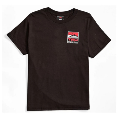 A black short-sleeve T-shirt with a small rectangular logo on the left chest area. The logo features a red background with a white mountain graphic and the text ""TRD""