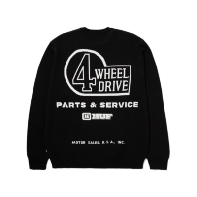 Back of a black sweatshirt featuring white text and graphics that read '4 Wheel Drive Parts & Service – HUF Motor Sales, U.S.A., Inc.