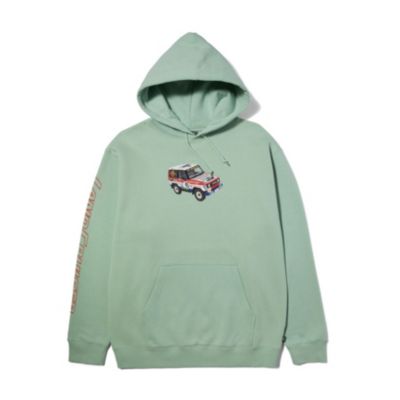 A light green hoodie with an  design of a colorful off-road vehicle on the center front and red text running down the right sleeve, and graphics in the back