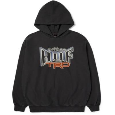 A black hoodie with a large front pocket and ""HUF TRD"" in bold letters on the chest.