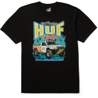 A black T-shirt with a colorful graphic design featuring the text ""HUF,"" ""TRO,"" and a Toyota racing truck.