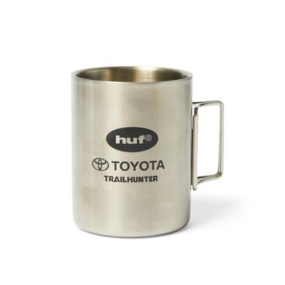 Silver metal camp mug with logo printed in black.