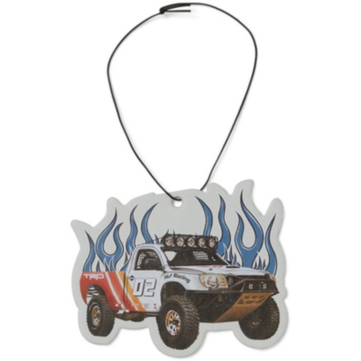 A car air freshener shaped like an off-road truck with blue flames in the background. The truck is white with red and yellow stripes, labeled ""02,"" and hangs from a black string.