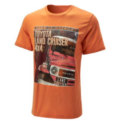 An orange T-shirt featuring a graphic of a red Toyota Land Cruiser 4x4 vehicle. The text on the graphic reads ""Life is Offroad"" at the top, and ""Toyota Land Cruiser 4x4"" in large letters across the middle.
