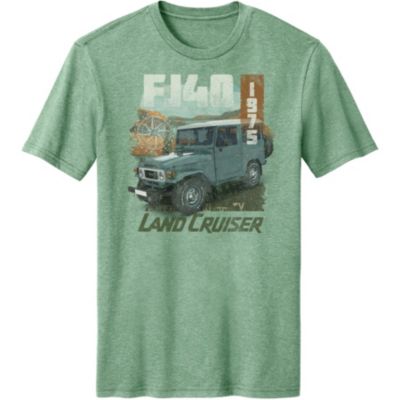 Green T-shirt with a graphic of a vintage Toyota Land Cruiser FJ40 and text elements ""FJ40,"" ""1975,"" and ""Land Cruiser.""