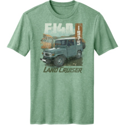 Green T-shirt with a graphic of a vintage Toyota Land Cruiser FJ40 and text elements ""FJ40,"" ""1975,"" and ""Land Cruiser.""