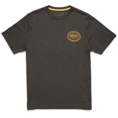 Dark short-sleeve T-shirt with a small yellow graphic of a vehicle on the left chest and yellow inner collar lining.