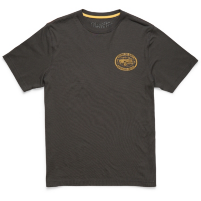 Dark short-sleeve T-shirt with a small yellow graphic of a vehicle on the left chest and yellow inner collar lining.