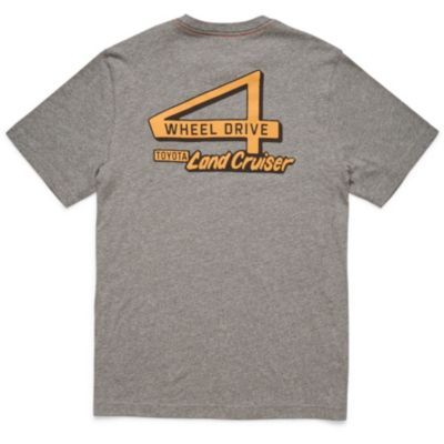 Back of a gray T-shirt featuring a large orange number '4' with 'WHEEL DRIVE' inside it, and the words 'TOYOTA' in an orange box and 'Land Cruiser' in stylized font below