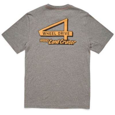 Back of a gray T-shirt featuring a large orange number '4' with 'WHEEL DRIVE' inside it, and the words 'TOYOTA' in an orange box and 'Land Cruiser' in stylized font below