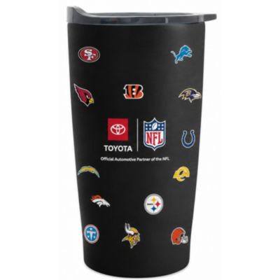 Black insulated travel tumbler featuring the Toyota logo and NFL shield on the front, surrounded by multiple NFL team logos printed around the cup.