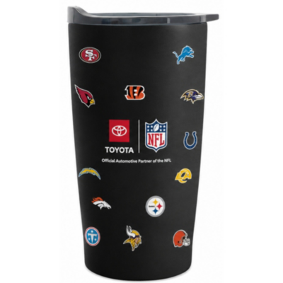 Black insulated travel tumbler featuring the Toyota logo and NFL shield on the front, surrounded by multiple NFL team logos printed around the cup.