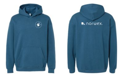 Norwex hoodie in sea blue with front pocket and drawstring hood.