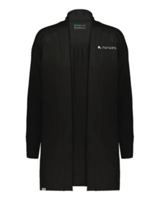 black cardigan with open front and soft knit fabric.