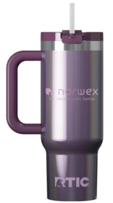 30oz road trip tumbler in plum glitter finish with Norwex logo.
