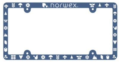 Custom license plate frame with Norwex branding and durable finish.