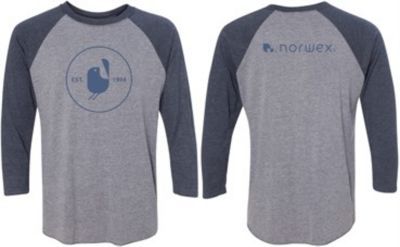 three-quarter raglan tee in navy heather with contrast sleeves.