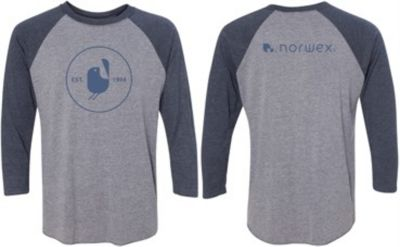 three-quarter raglan tee in navy heather with contrast sleeves.