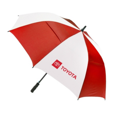 Red and white umbrella with Toyota logo printed in red