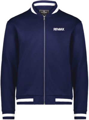 Navy zip‑up jacket with white striped collar, cuffs, and hem, featuring the RE/MAX logo on the left chest.
