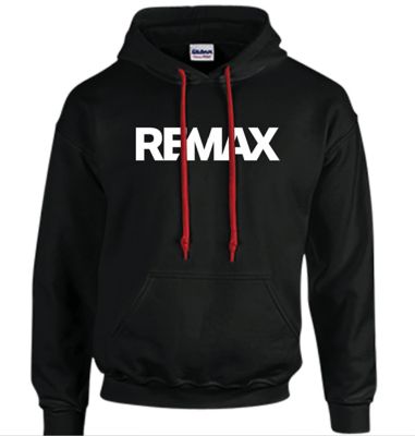 Black hoodie with red drawstrings and a white RE/MAX logo printed on the chest.