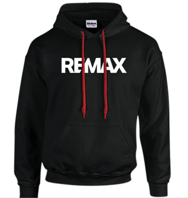Black hoodie with red drawstrings and a white RE/MAX logo printed on the chest.