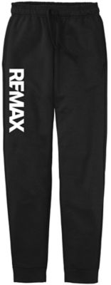 Black sweatpants with the white RE/MAX logo printed vertically along the left leg.