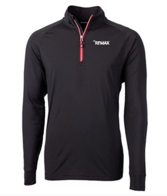 Black quarter‑zip pullover with long sleeves and a small white RE/MAX logo on the left chest, featuring a zipper accented with red detailing.