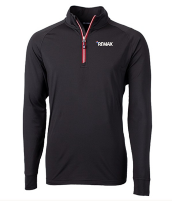Black quarter‑zip pullover with long sleeves and a small white RE/MAX logo on the left chest, featuring a zipper accented with red detailing.