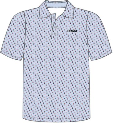 Light blue short‑sleeve polo shirt with an all‑over pattern of small red, white, and blue icons and a black RE/MAX logo on the left chest.