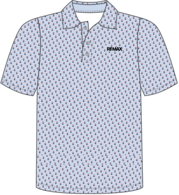 Light blue short‑sleeve polo shirt with an all‑over pattern of small red, white, and blue icons and a black RE/MAX logo on the left chest.