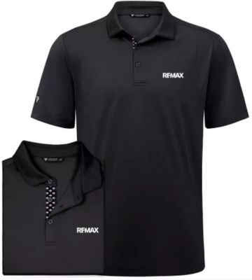 Black short‑sleeve polo shirt with a white RE/MAX logo on the left chest and balloon pattern step and repeat on placket.